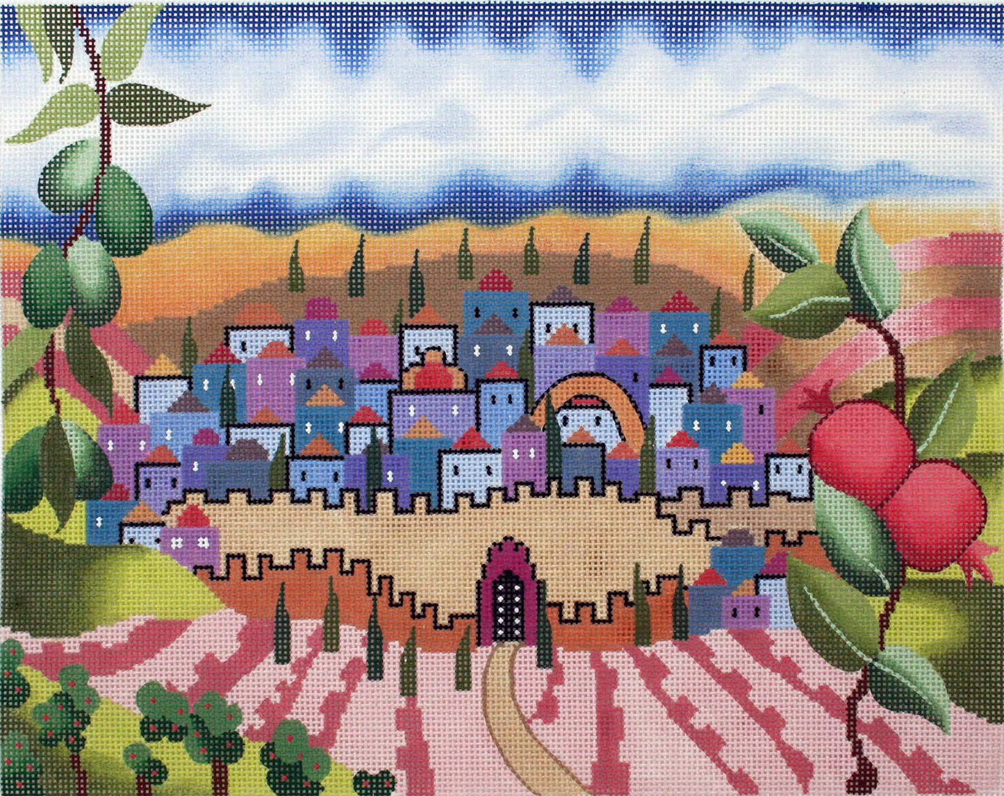 Canvas ~ Rebecca Shore Tallis Bag with Olives Pomegranates and City Backdrop ***Exclusive***