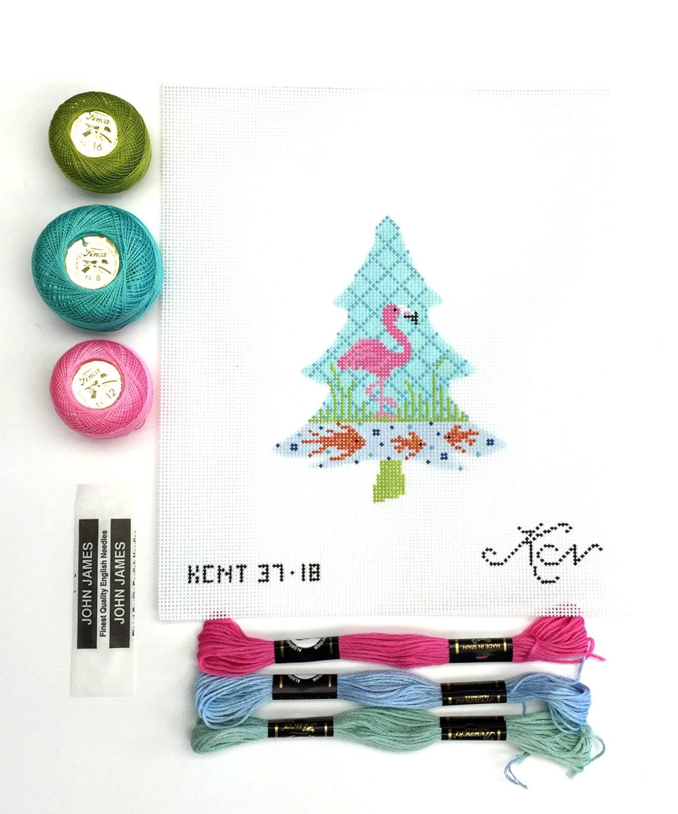 Kelly Clark Tree ~ Flamingo Tree Ornament KIT: Canvas, STITCH GUIDE & FIBERS handpainted Needlepoint Canvas