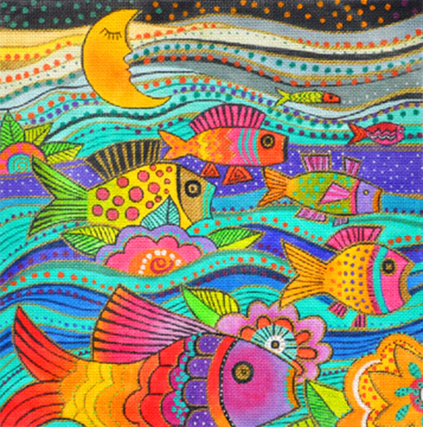 Laurel Burch ~ FANCIFUL FISH large handpainted 18 Mesh Needlepoint Canvas from Danji Designs