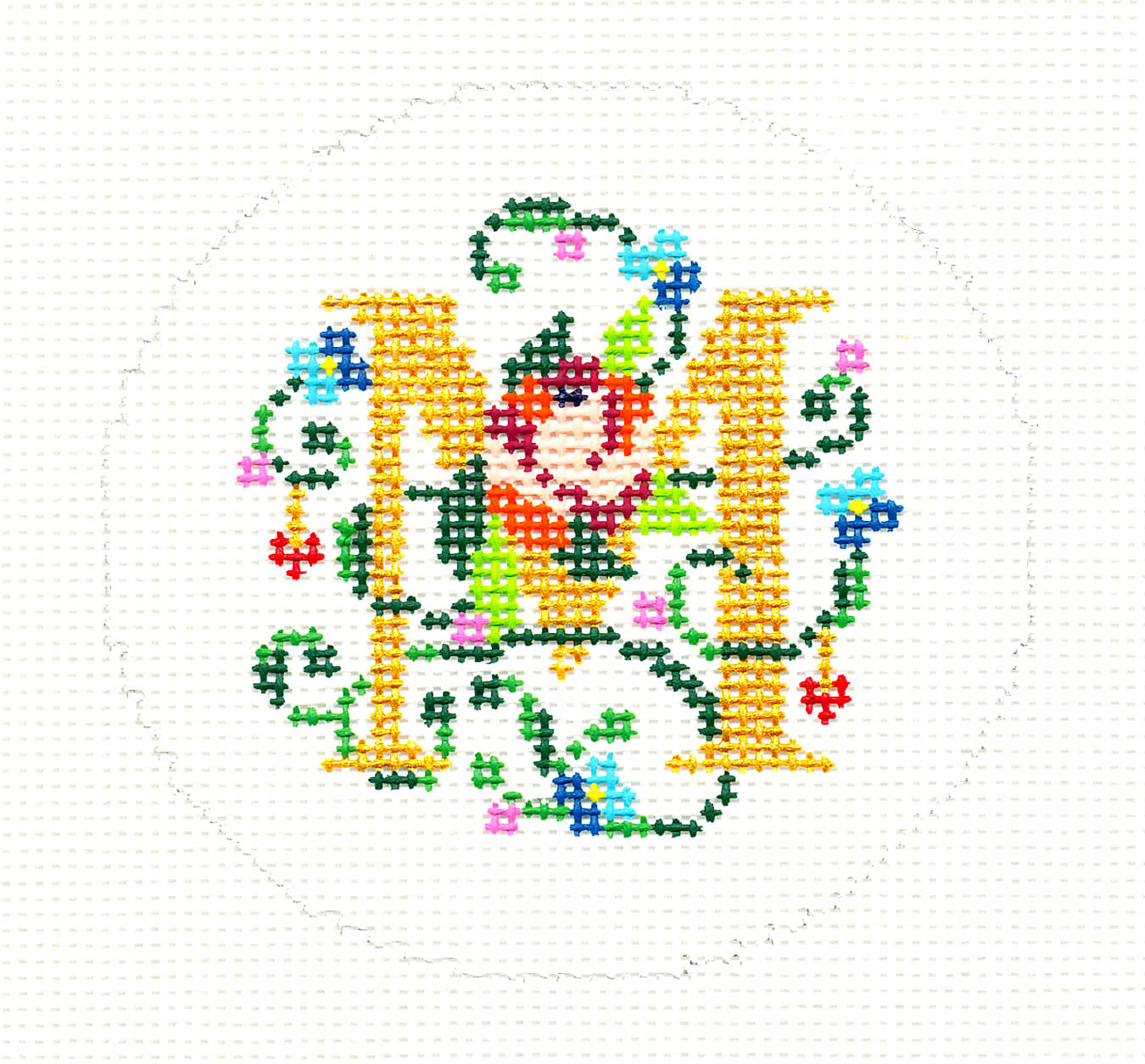 Alphabet ~ Letter "M" Floral Design 3" Rd. handpainted 18 Mesh Needlepoint Canvas by LEE