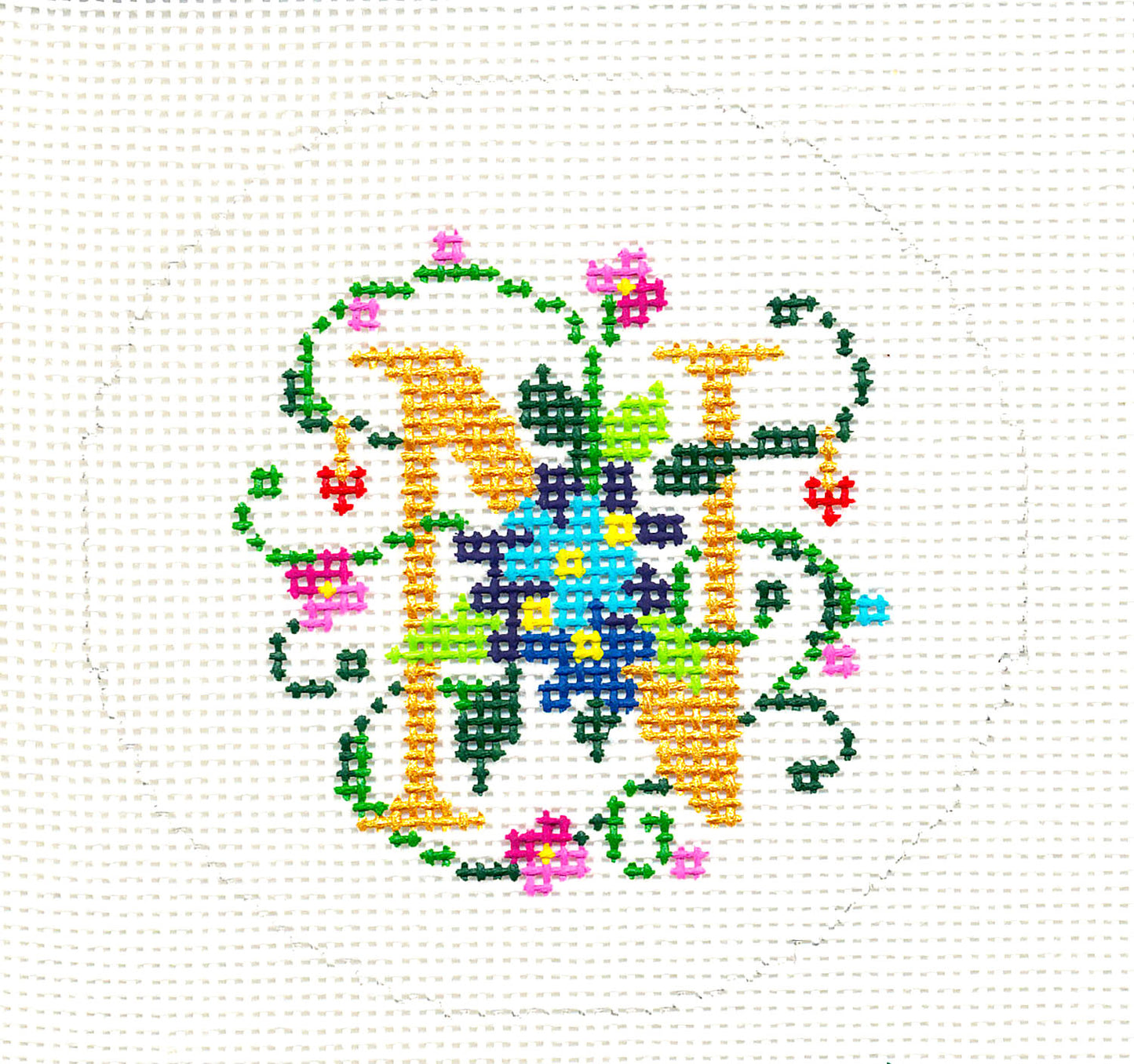 Alphabet ~ Letter "N" Floral Design handpainted Needlepoint Canvas 3" Rd. 18 mesh by Lee