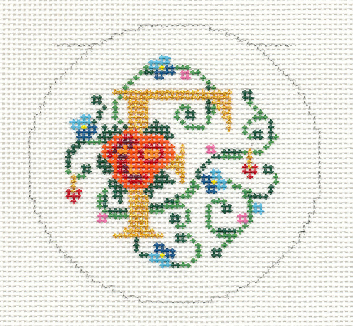 Alphabet ~ Letter "F" Floral Design handpainted Needlepoint Canvas 3" Rd. 18m by Lee