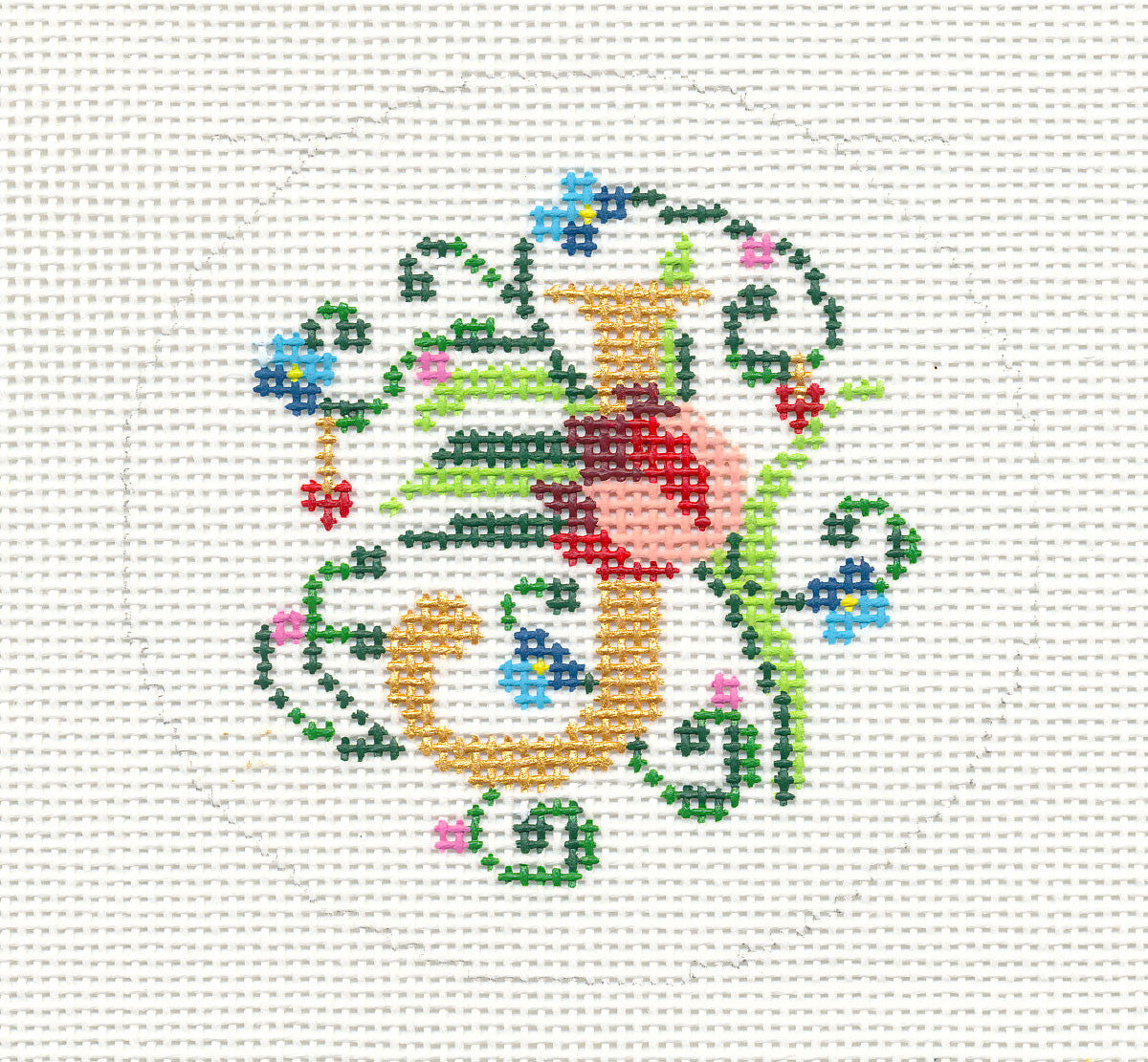 Alphabet ~ Letter "J" Floral Design handpainted Needlepoint Canvas 3" Rd. 18m by Lee