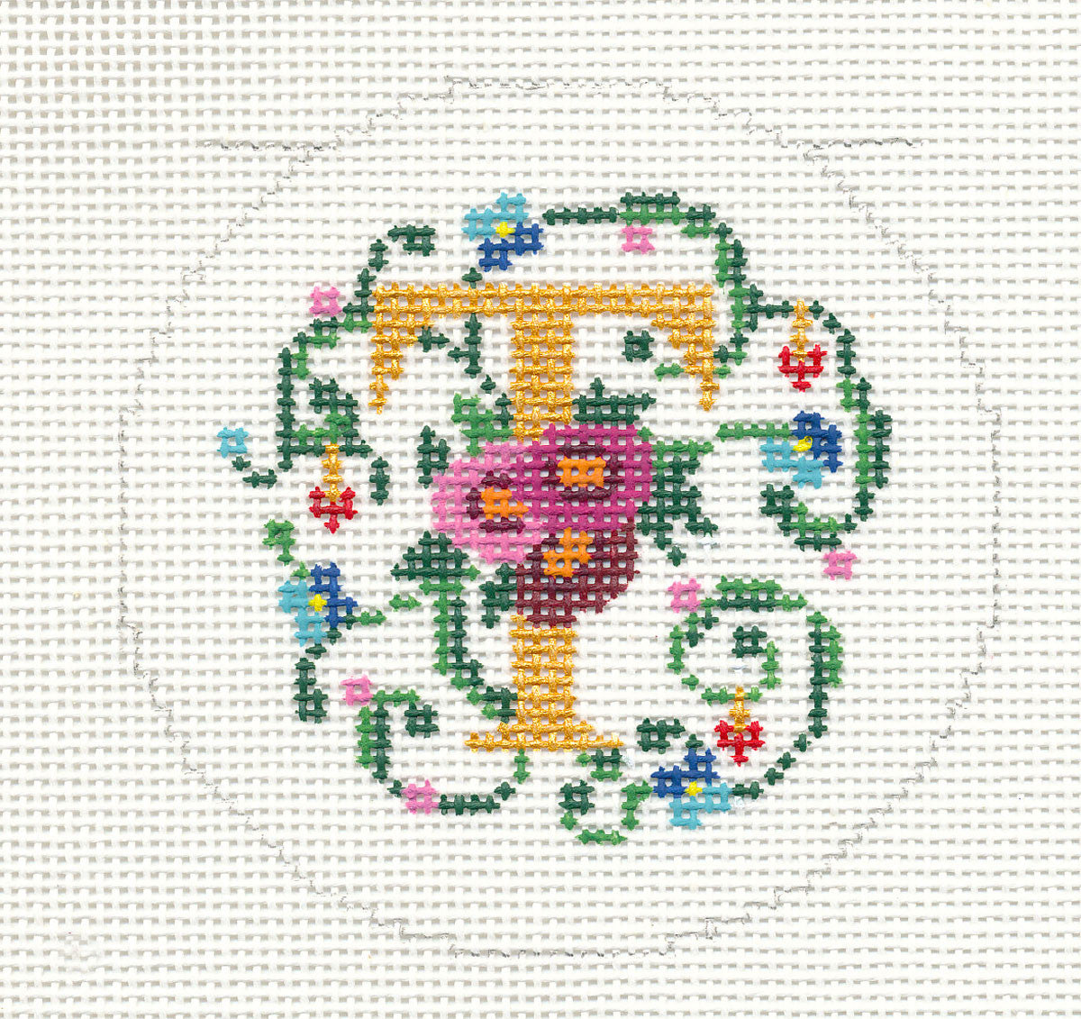 Alphabet ~ Letter "T" Floral Design handpainted Needlepoint Canvas 3" Rd. 18m by Lee