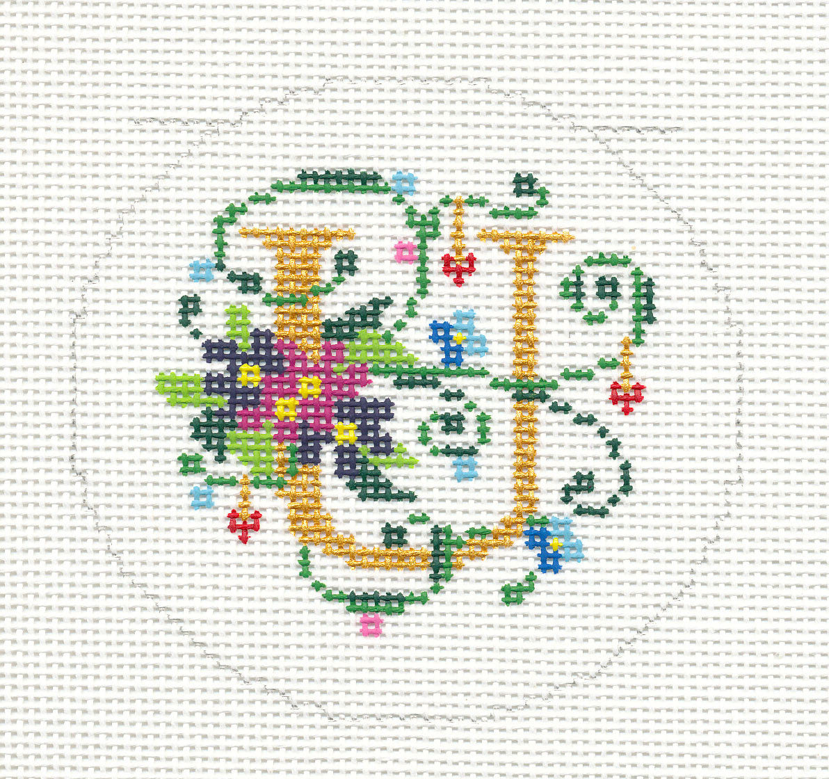 Alphabet ~ Letter "U" Floral Design handpainted Needlepoint Canvas 3" Rd. 18m by Lee