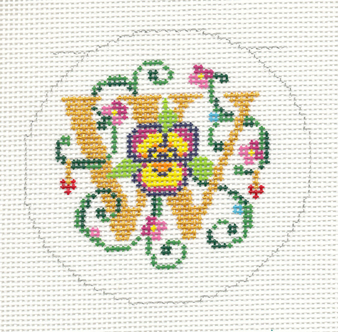 Alphabet ~ Letter "W" Floral Design handpainted Needlepoint Canvas 3" Rd. 18m by Lee