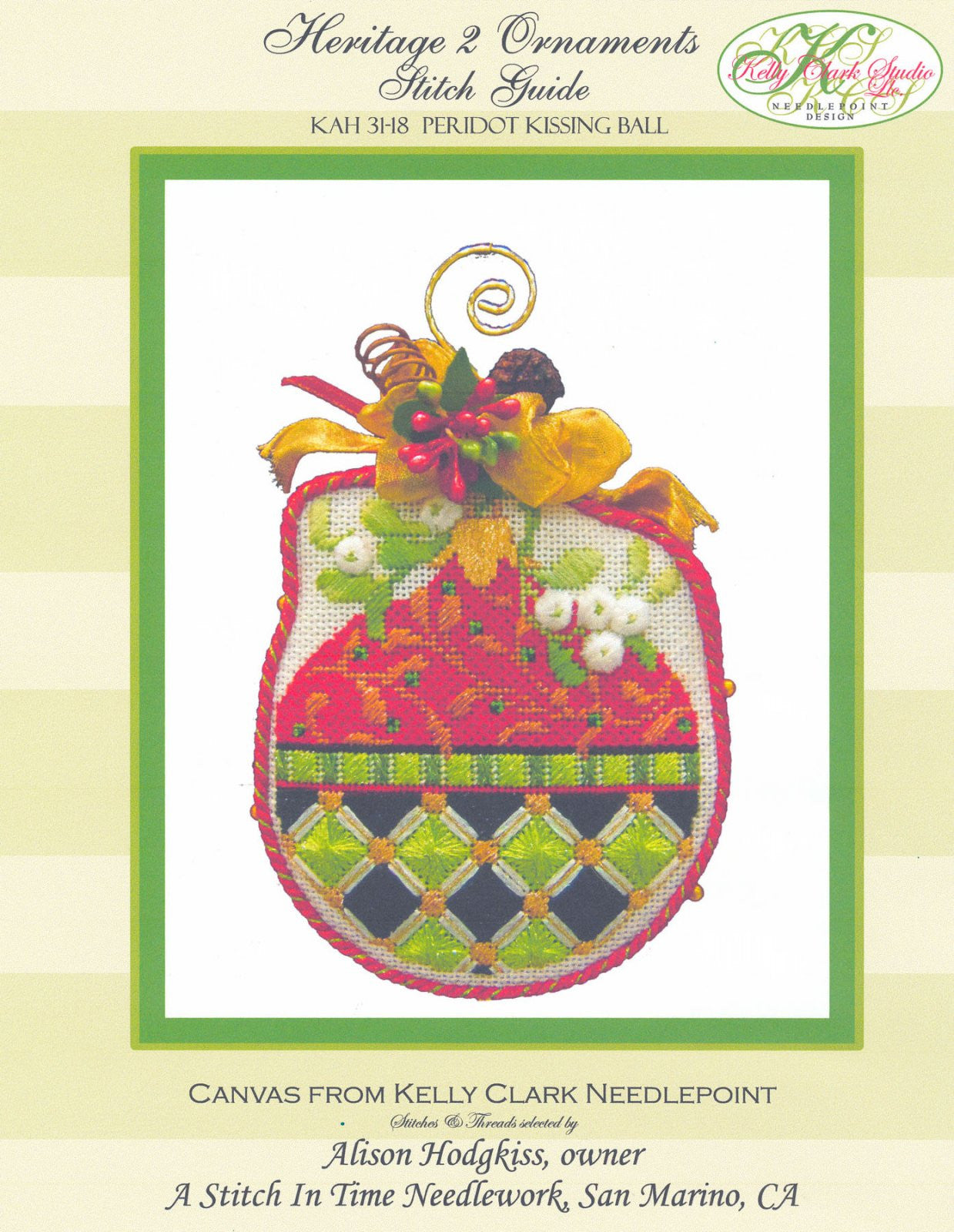 Kelly Clark Christmas – Chartreuse and Red Ornament with Stitch Guide handpainted Needlepoint Canvas **SP. ORDER**
