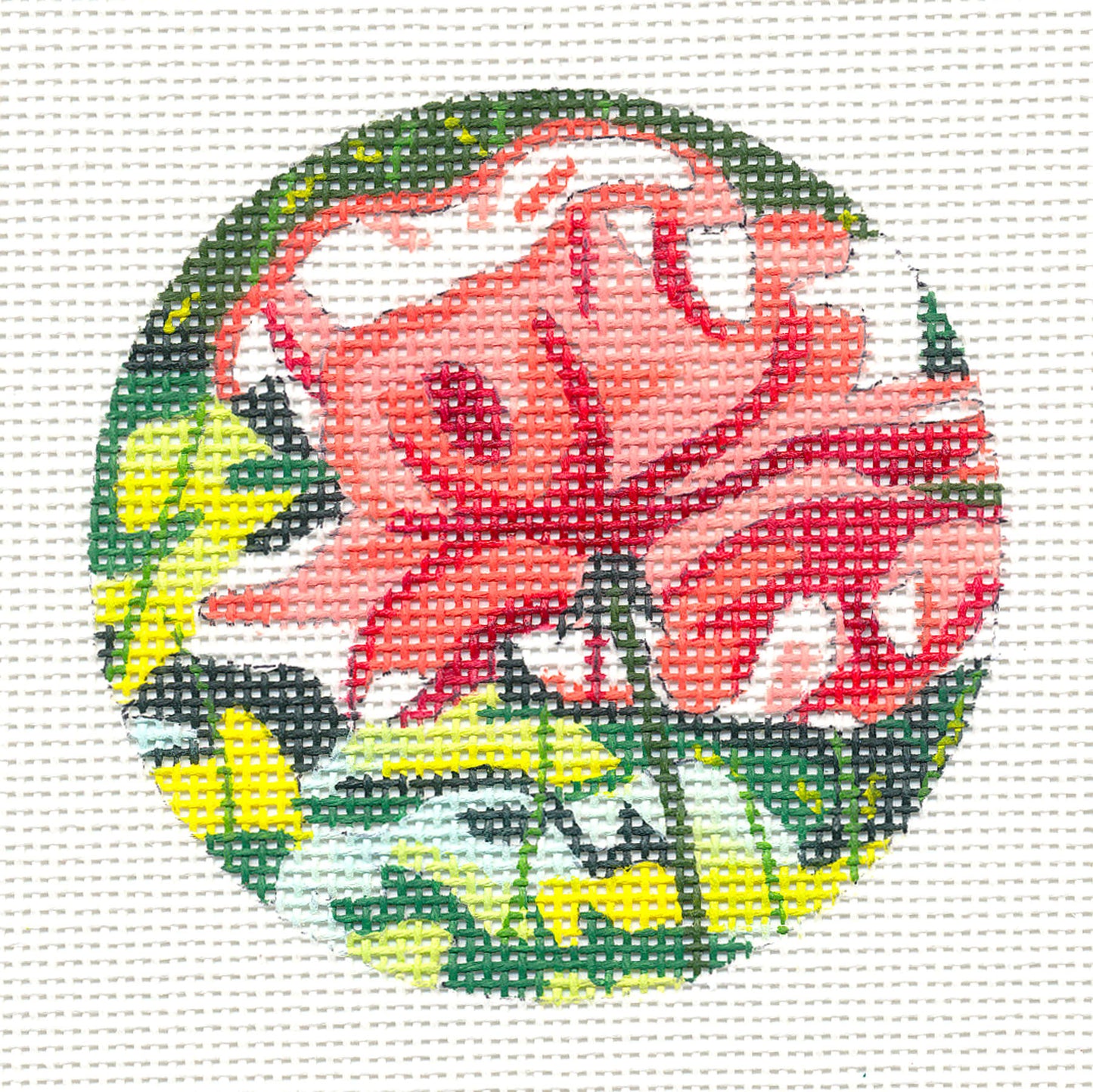 Round ~ Ruffle Rose 3" Ornament on Handpainted Needlepoint Canvas by JulieMar