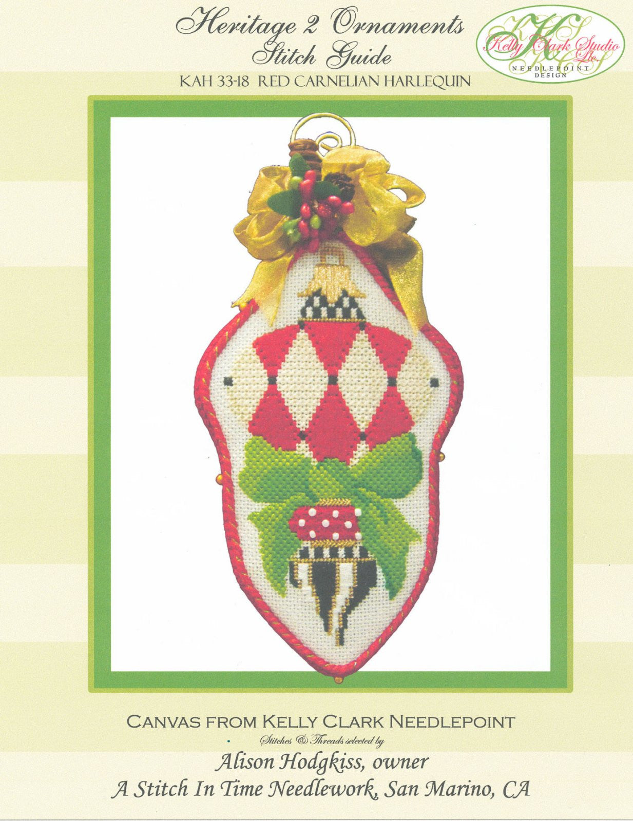 Kelly Clark Christmas ~ Red Harlequin Canvas & STITCH GUIDE handpainted Needlepoint Canvas