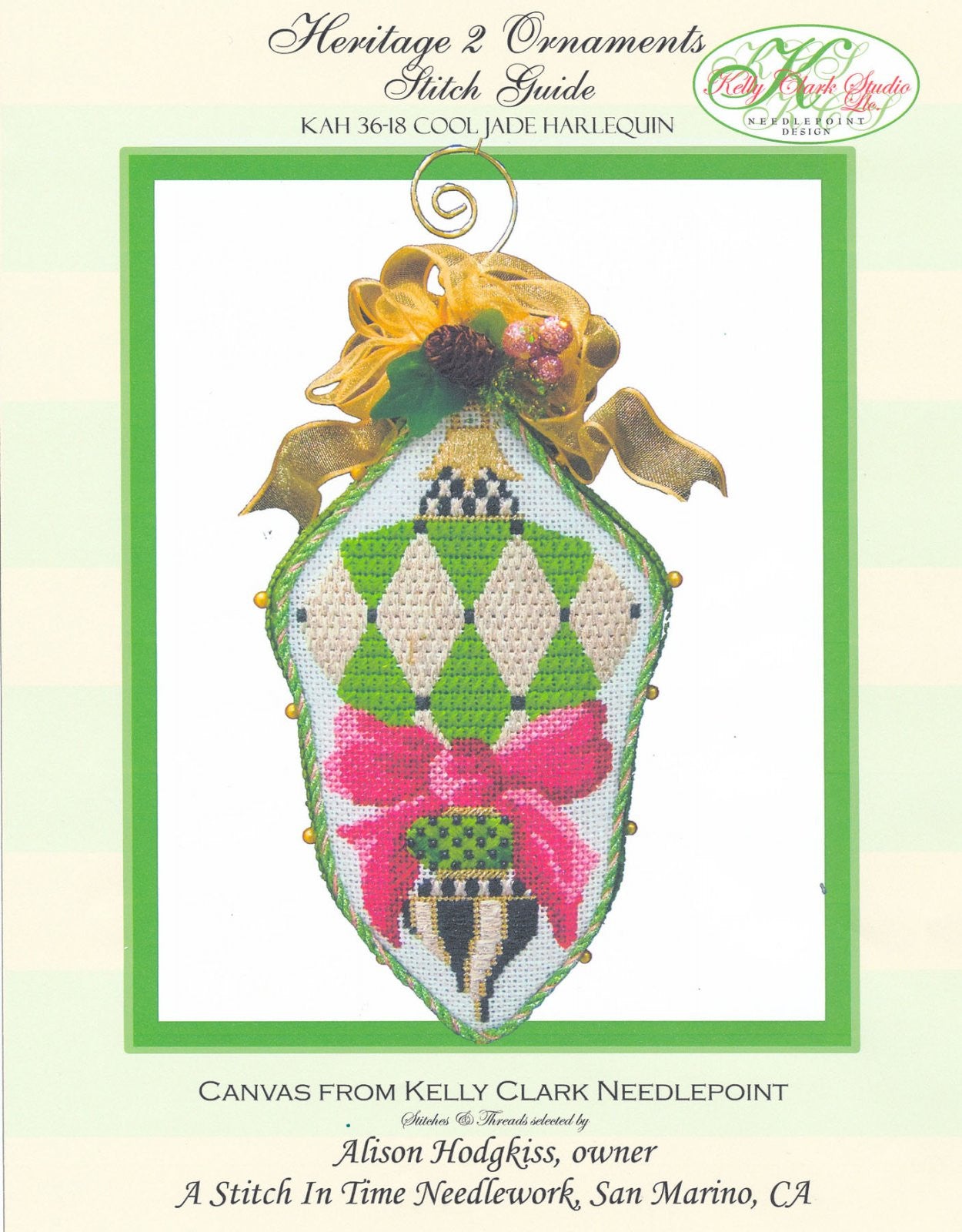 Kelly Clark Christmas ~ Jade Harlequin Canvas & Stitch Guide handpainted Needlepoint Canvas