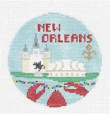 Travel Round ~ New Orleans, Louisiana 18 Mesh handpainted 4" Rd. Needlepoint Canvas by Kathy Schenkel