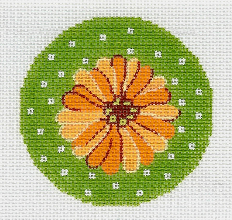 Round ~ Orange Zinnia Flower handpainted 18 Mesh Needlepoint Canvas 3" Rd. Ornament Insert by LEE