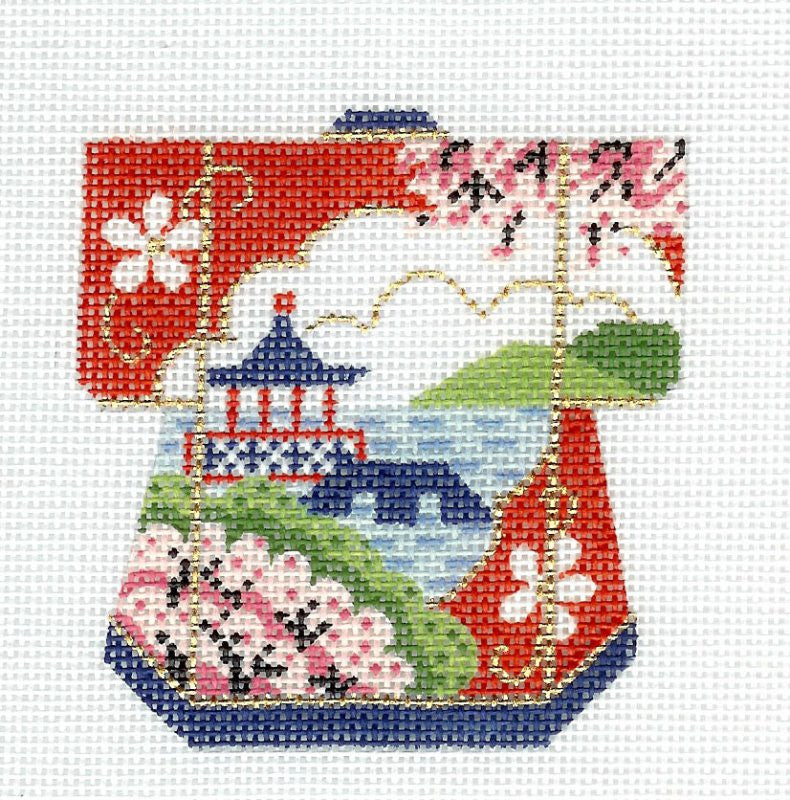 Kimono ~ Petite Pagoda and Lake Oriental Kimono 18 Mesh handpainted Needlepoint Canvas by LEE
