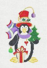 Penguin ~ A Penguin In Scarf with Gifts handpainted Needlepoint Ornament Canvas by Strictly Christmas