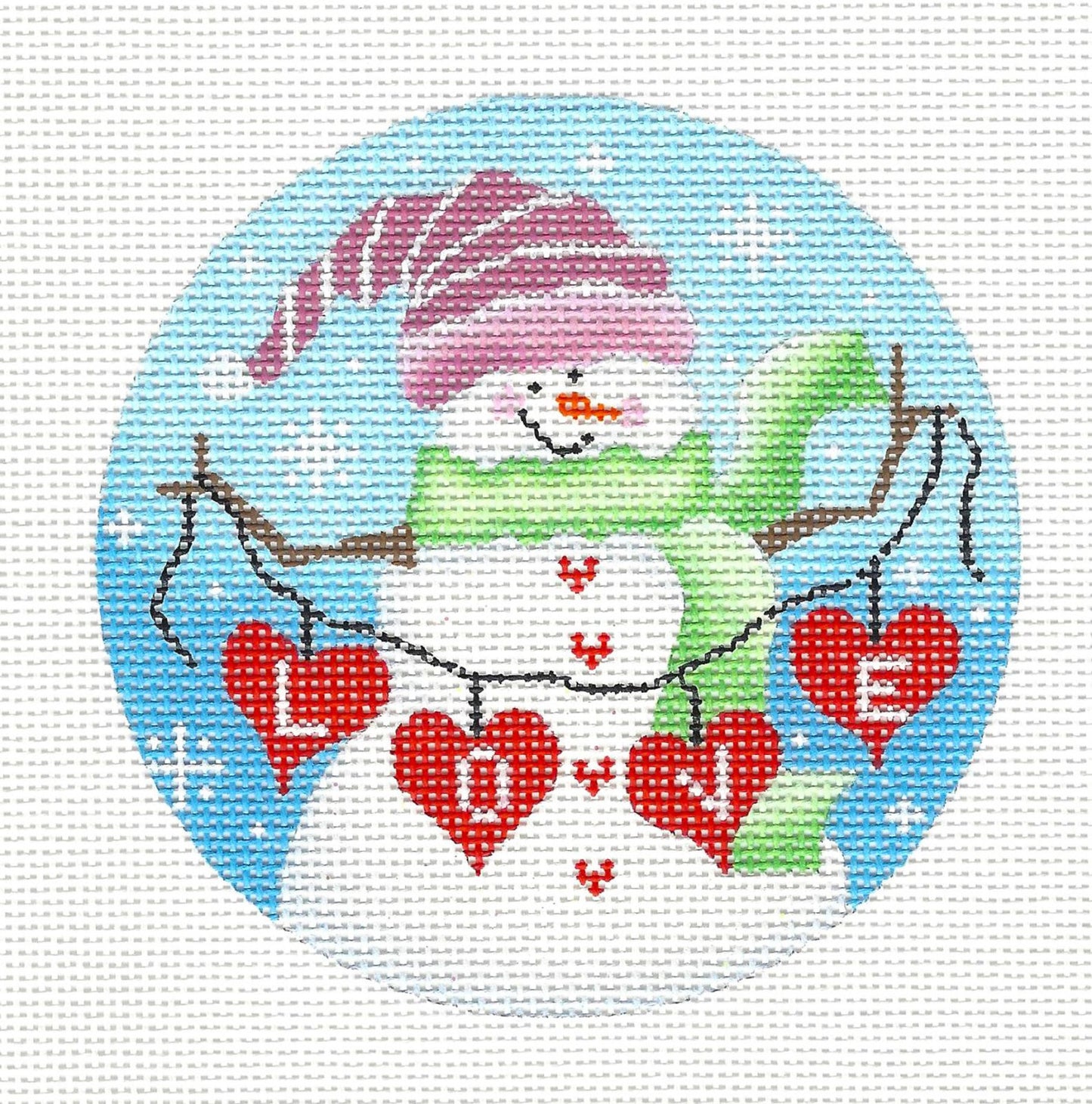 Round ~ February LOVE Snow Lady 4" Rd. on 18 Mesh Needlepoint Canvas by Pepperberry