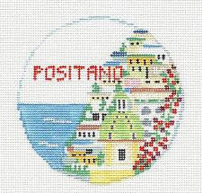 Travel Round ~ Positano, Italy 18 Mesh handpainted 4" Rd. Needlepoint Ornament Canvas by Kathy Schenkel