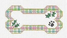 Dog Bone ~ Preppy Pink Plaid with Paw Print and Holly HP Needlepoint Ornament by Danji
