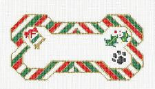Christmas Dog Bone ~ Red, Green & White Paw Print Bone with Christmas BELL 18 Mesh Needlepoint Ornament Canvas by Danji