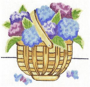 Canvas ~ Blue & Purple Hydrangea Basket handpainted 18 mesh Needlepoint Canvas by Silver Needle