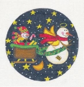 Round ~ Snowman & Baby in Sleigh handpainted Needlepoint Ornament Canvas by Danji