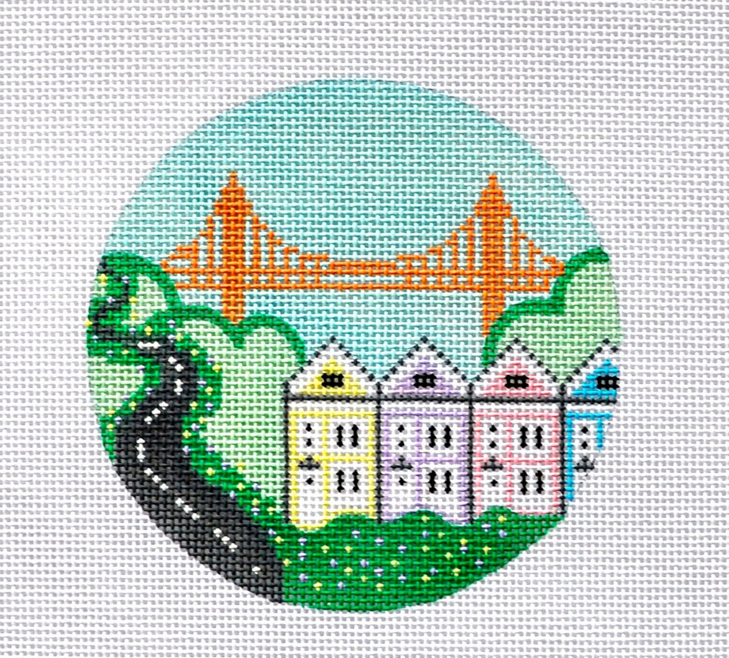 Travel Round ~ Golden Gate Bridge in San Francisco, California handpainted Needlepoint Canvas by Kathy Schenkel