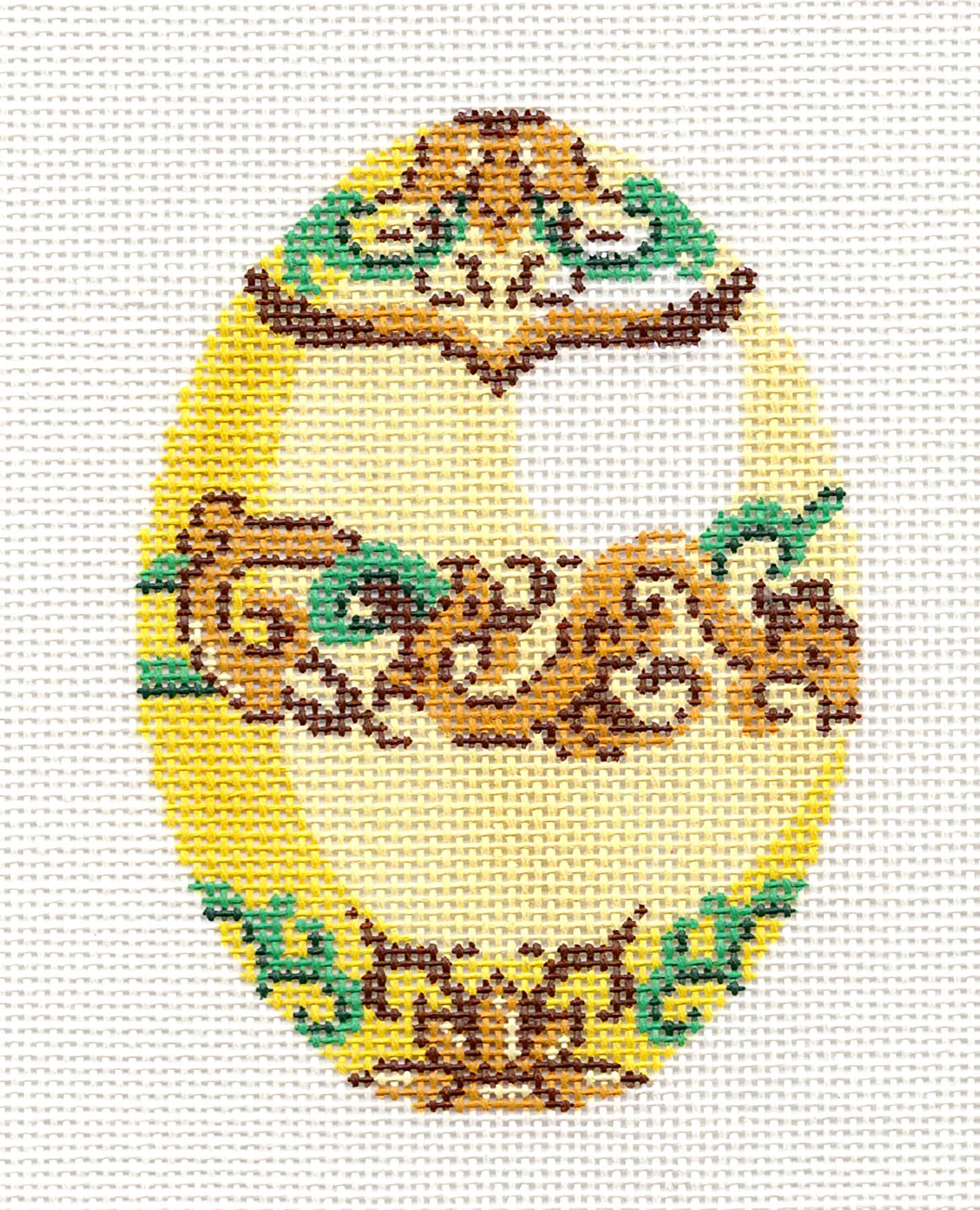 Faberge Yellow with Gold Bands Jeweled Egg handpainted Needlepoint Canvas Ornament by LEE