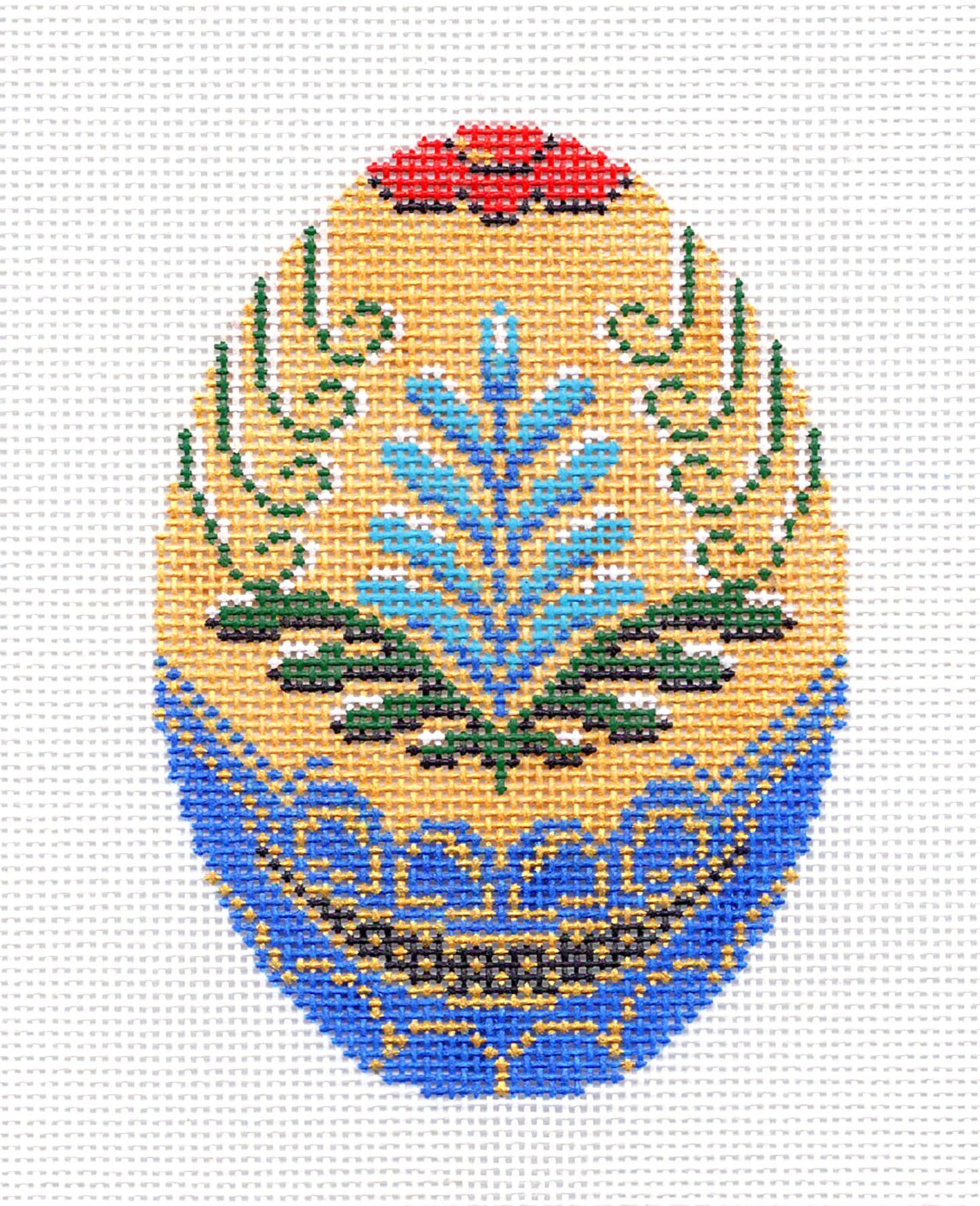 Faberge Egg ~ Blue & Golden Tan Jeweled Egg handpainted Needlepoint Canvas Ornament by LEE