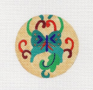 Round ~ Teal Cloisonné Butterfly handpainted 3"Rd. Needlepoint Canvas Ornament or Insert by JulieMar