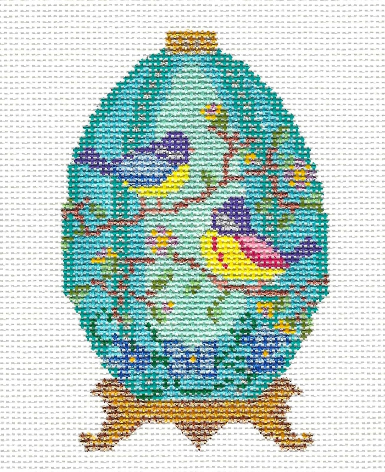 Egg ~ Two Birds on a Branch Jeweled EGG Ornament on 18 Mesh handpainted Needlepoint Canvas by Danji Designs