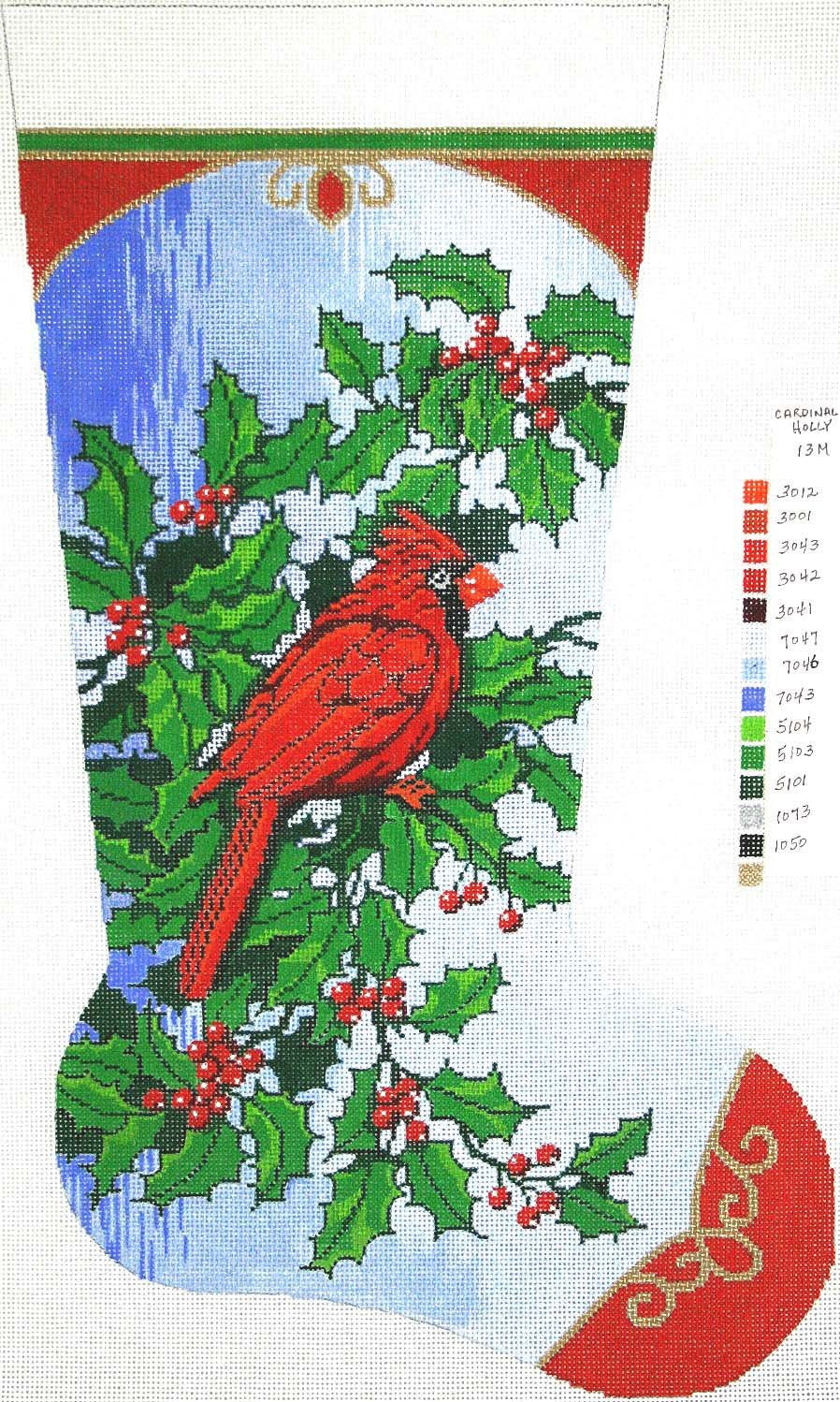 Stocking ~ Christmas Cardinal with Holly handpainted Full Size Needlepoint Stocking Canvas by LEE