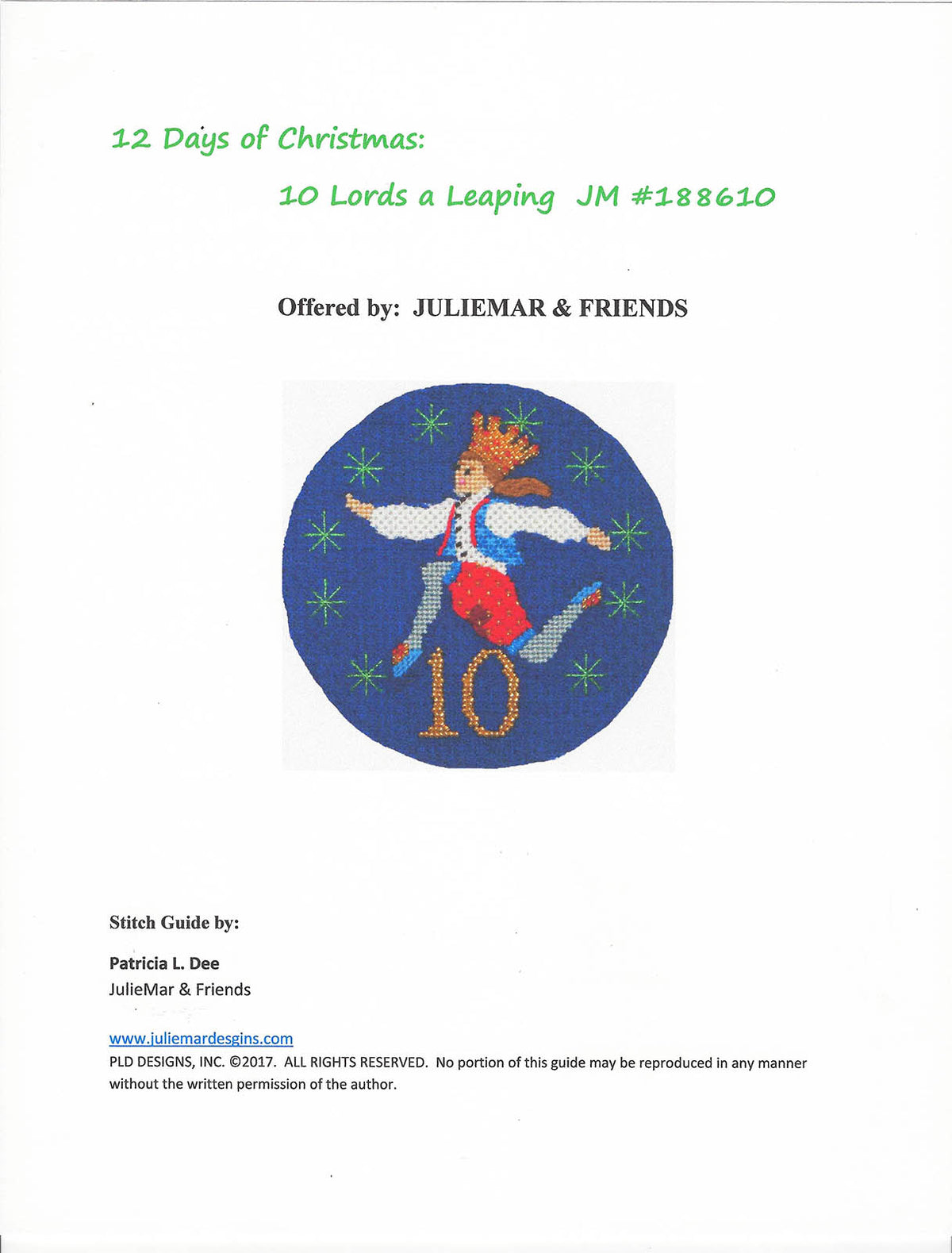 12 Days of Christmas 10 Lords Leaping & STITCH GUIDE handpainted on 18 mesh Needlepoint Ornament Canvas by JulieMar ~ PLD Designs