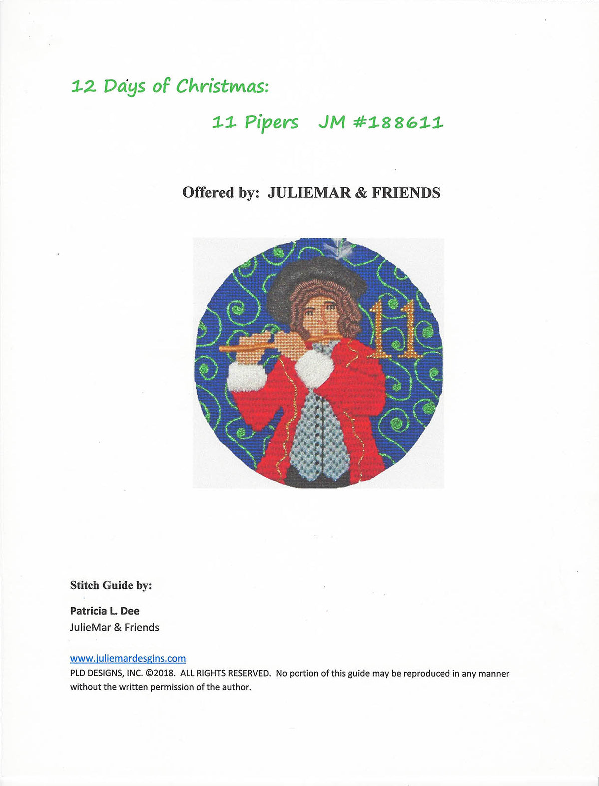 12 Days of Christmas 11 Pipers Piping on handpainted 18 Mesh Needlepoint Canvas by JulieMar ~ PLD Designs