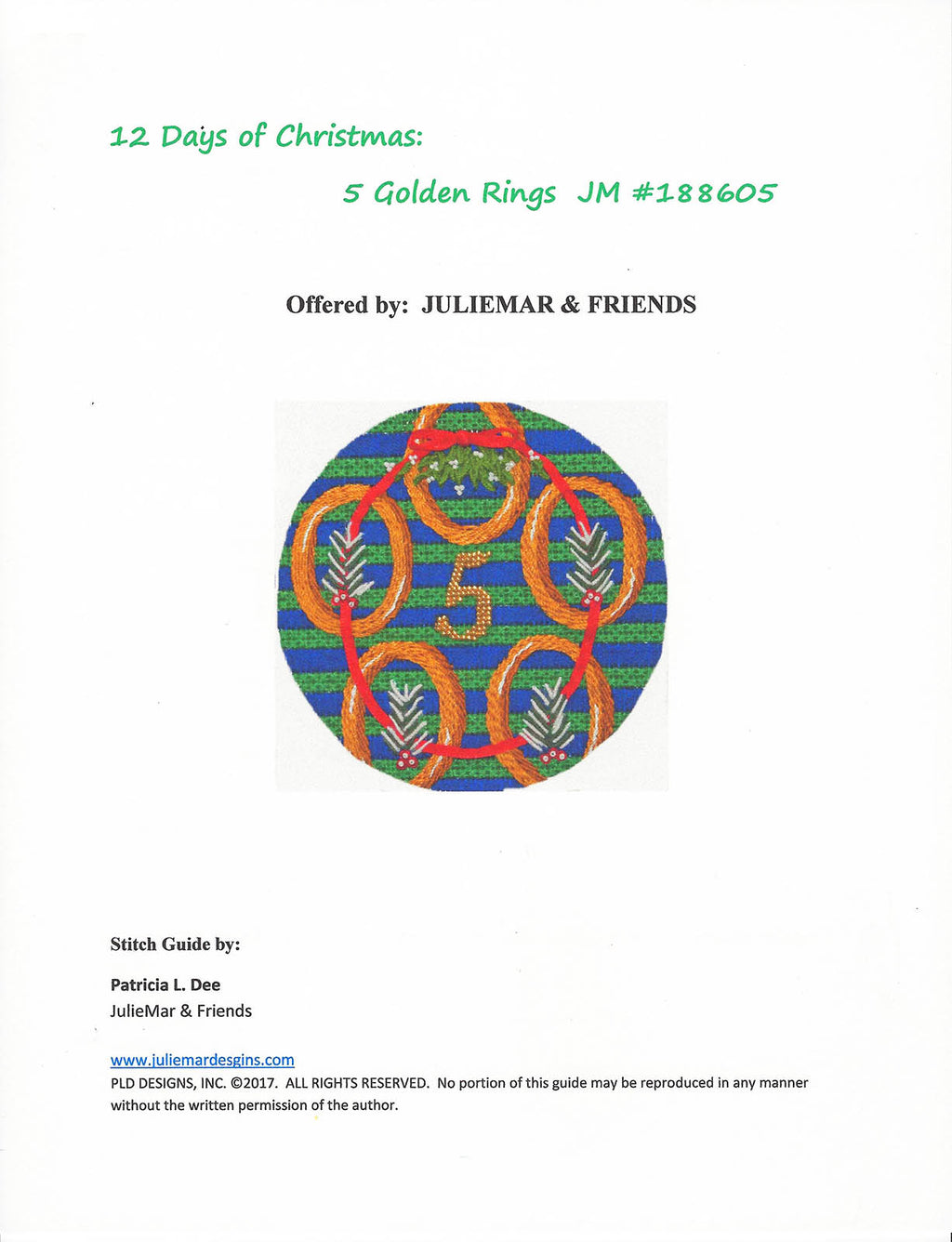 12 Days of Christmas 5 Golden Rings & STITCH GUIDE on Hand Painted Needlepoint Ornament Canvas by JulieMar