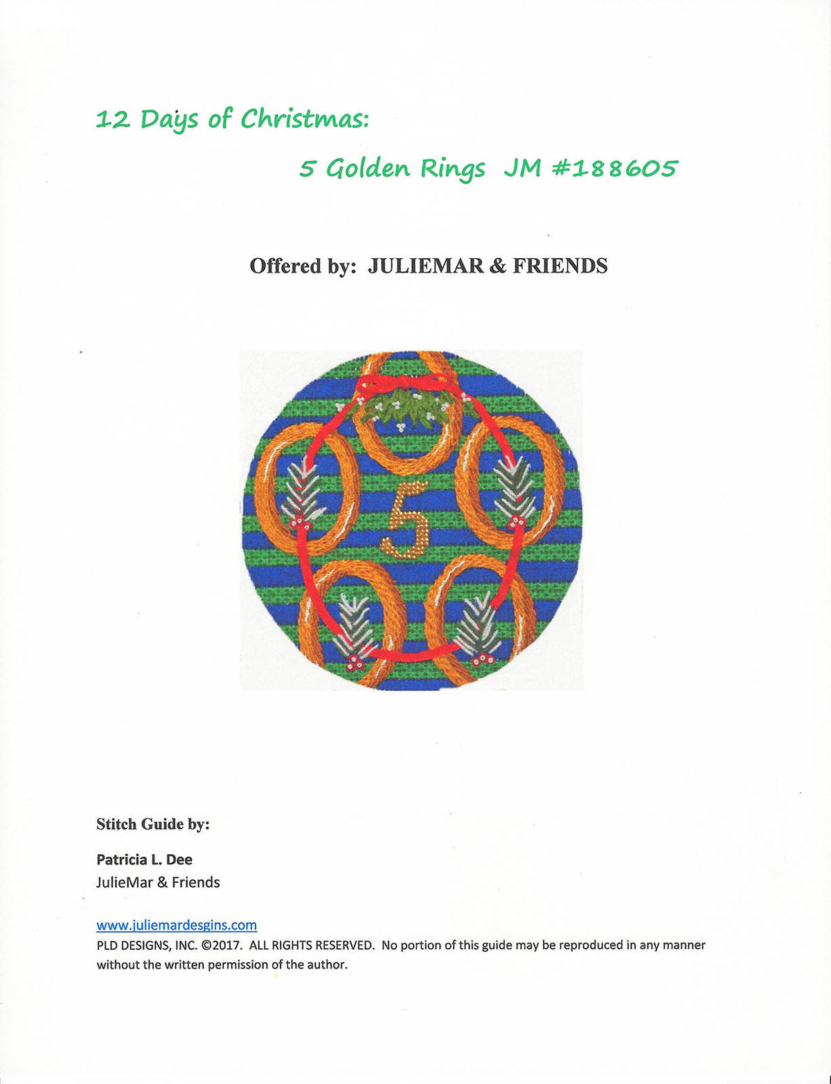12 Days of Christmas 5 Golden Rings & STITCH GUIDE on Hand Painted Needlepoint Ornament Canvas by JulieMar