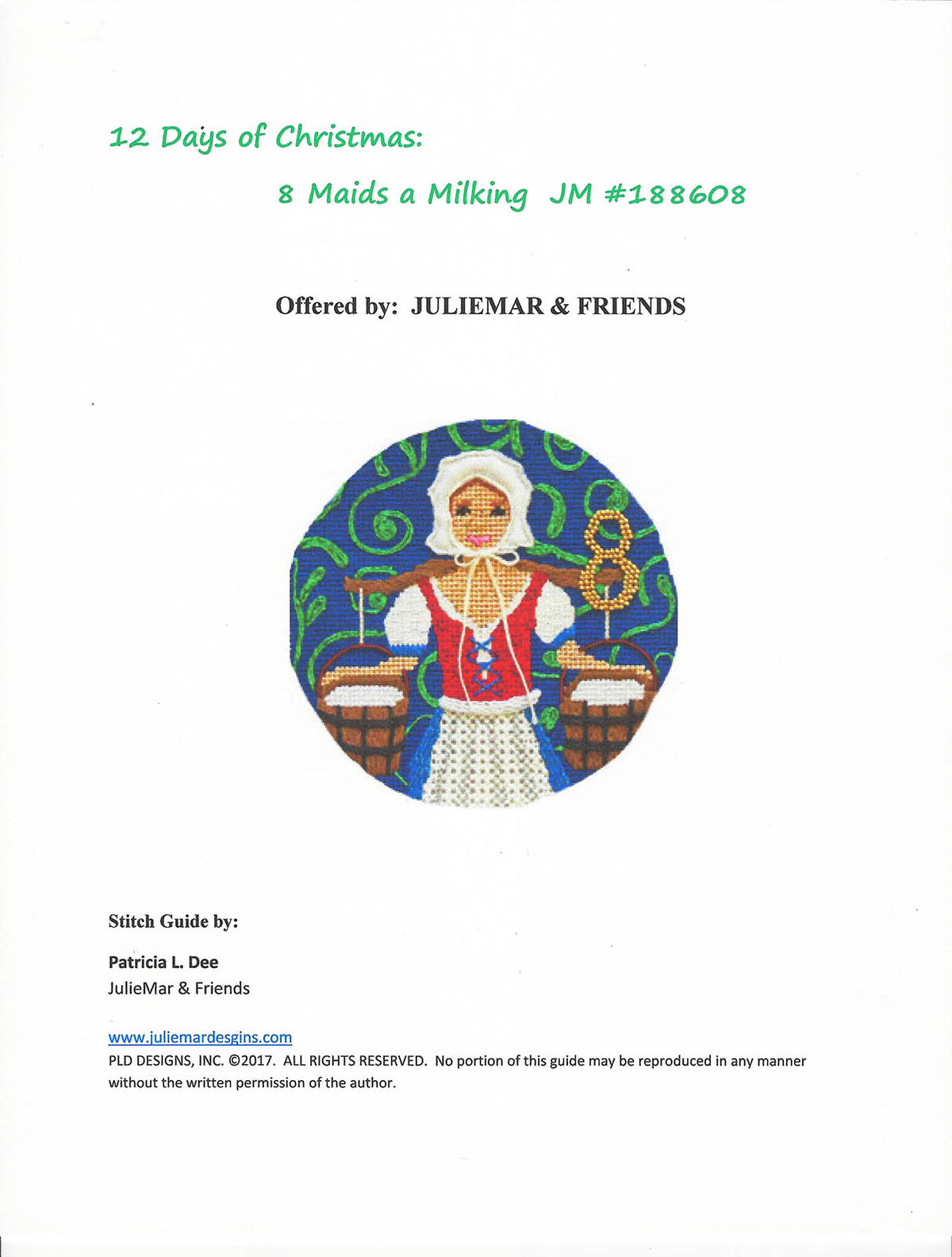 12 Days of Christmas 8 Maids Milking & STITCH GUIDE on handpainted 18 Mesh Needlepoint Canvas by PLD ~ JulieMar