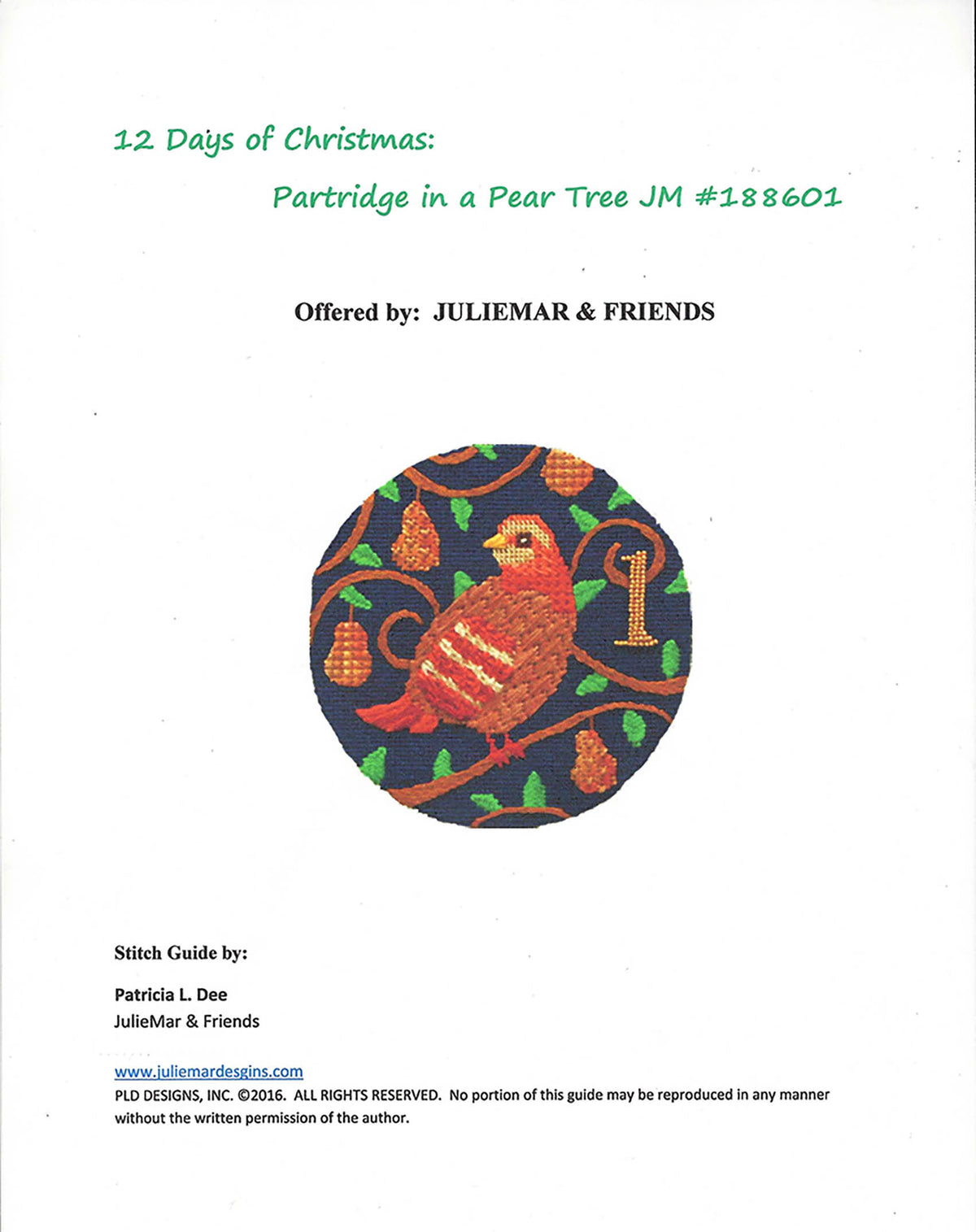 12 Days of Christmas ~ 1 Partridge In A Pear Tree & STITCH GUIDE on handpainted Needlepoint Canvas by JulieMar