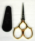 SCISSORS ~ Gingher "Epaulette" Design 3.5" Gold Plated Handles Embroidery Scissors for Needlepoint w/ Leather Case