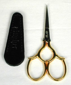 SCISSORS ~ Gingher "Epaulette" Design 3.5" Gold Plated Handles Embroidery Scissors for Needlepoint w/ Leather Case