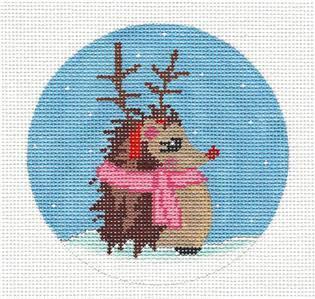 Hedgehog Round ~ RUDOLPH the Christmas Hedgehog with ANTLERS in Pink Scarf 18 Mesh handpainted Needlepoint Canvas by ZIA ~ Danji
