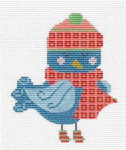 Bird Canvas ~ Blue Bird in a Scarf & Hat & STITCH GUIDE handpainted Needlepoint Canvas by CH Designs -Danji