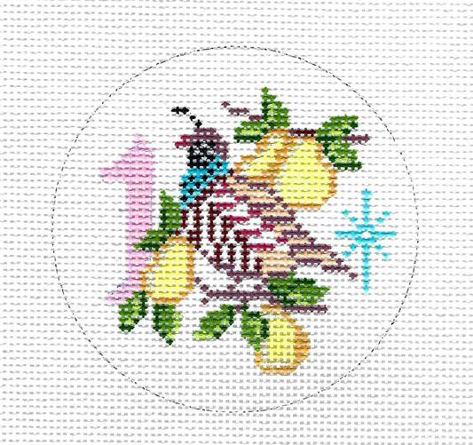 12 Days of Christmas ~ 1 Partridge in a Pear Tree handpainted 13 Mesh 4" Rd. Needlepoint Canvas by Alice Peterson