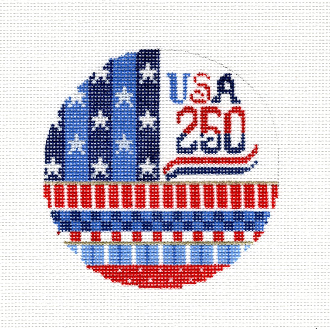 250 YEAR Celebration ~ USA 250 Years handpainted 18 Mesh 4" Rd. Needlepoint Canvas by Kelly Clark