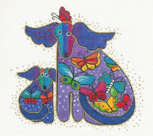 Laurel Burch ~ 2 Purple Butterfly Dogs & STITCH GUIDE 18 mesh handpainted Needlepoint Canvas from Danji Designs