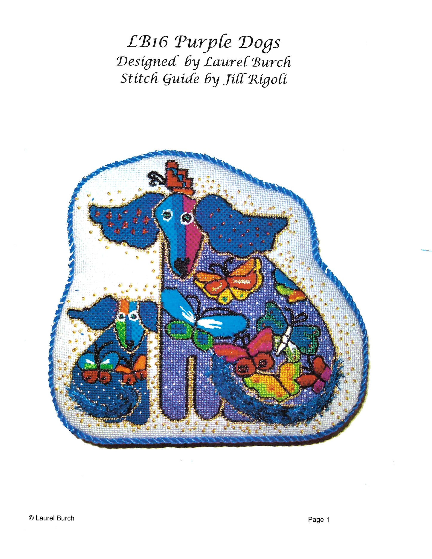 Laurel Burch ~ 2 Purple Butterfly Dogs & STITCH GUIDE 18 mesh handpainted Needlepoint Canvas from Danji Designs