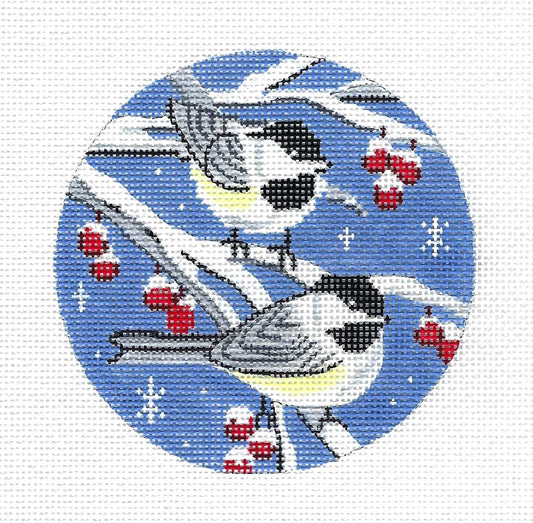 Birds ~ 2 Chickadees on a Berry Branch 18 Mesh 4" Rd. Ornament handpainted Needlepoint Canvas by Alice Peterson