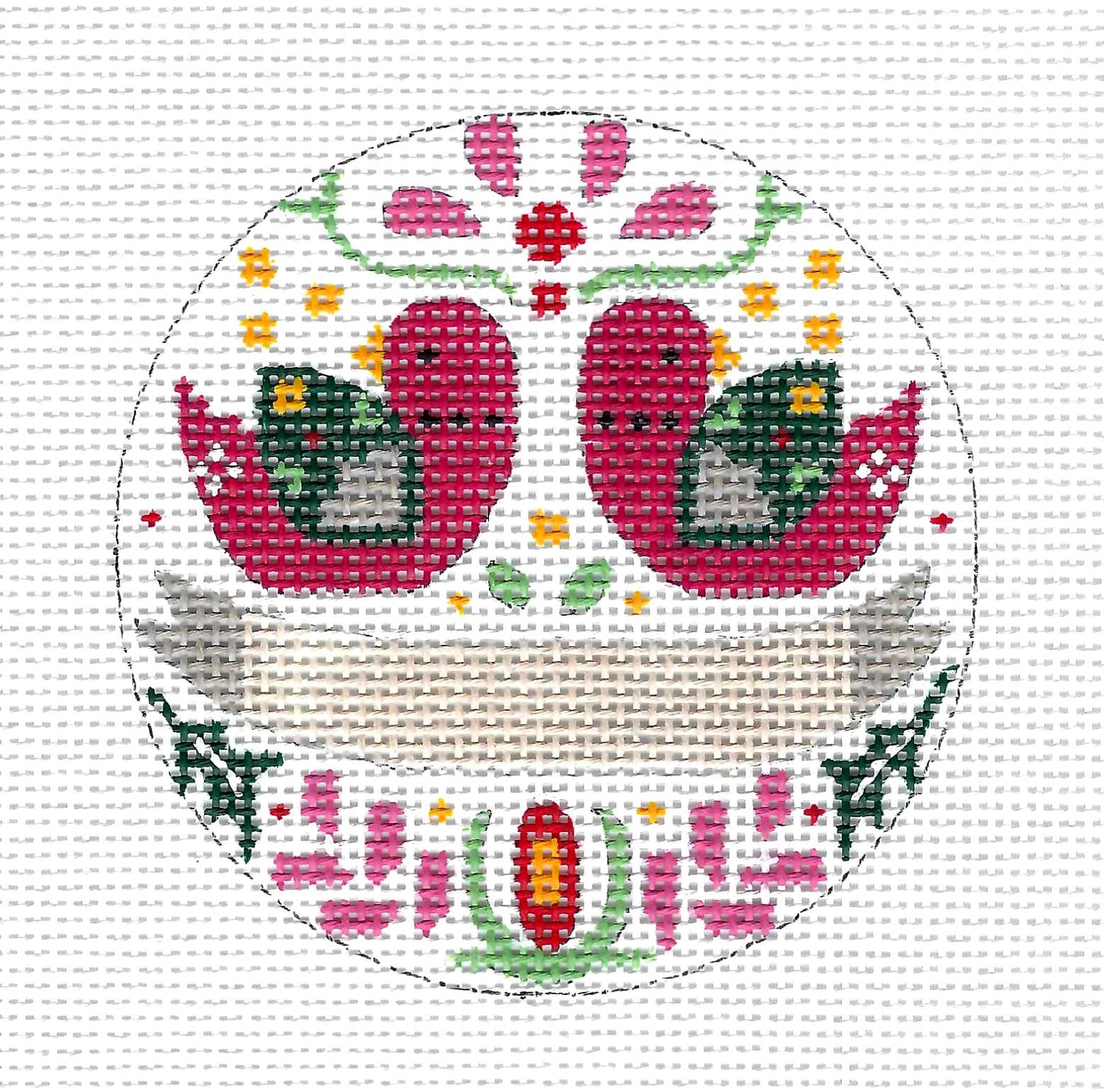 2 Birds and A Banner to Personalize handpainted 13 mesh Needlepoint Ornament Canvas by Alice Peterson