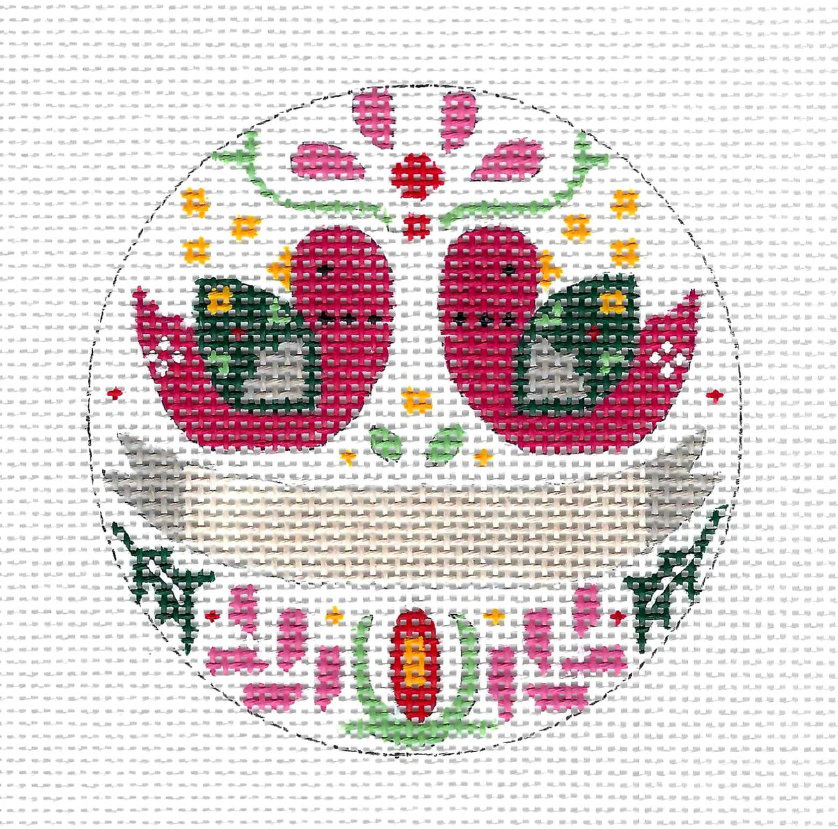 2 Birds and A Banner to Personalize handpainted 13 mesh Needlepoint Ornament Canvas by Alice Peterson