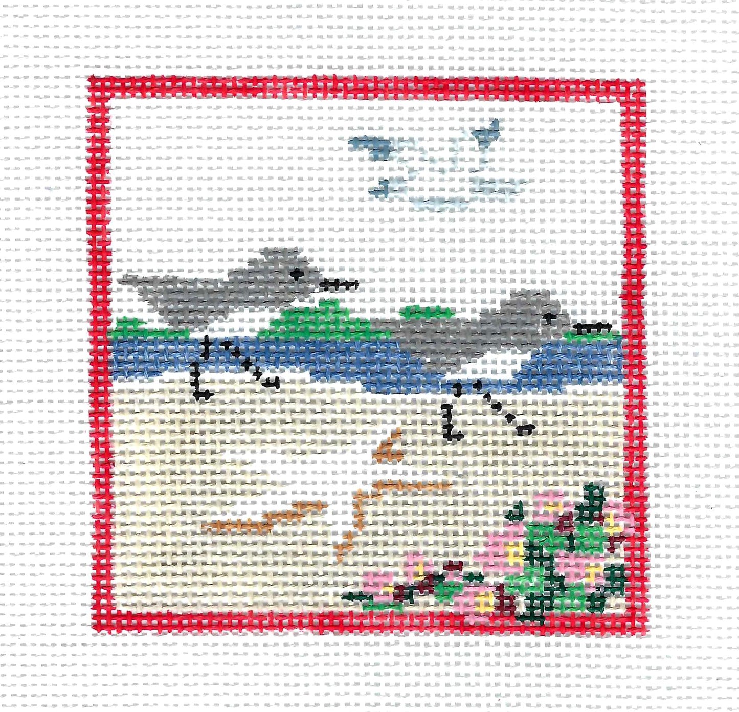 Canvas ~ 2 Sandpipers on the Beach handpainted 13 Mesh Needlepoint Canvas 4" Square by Kathy Schenkel