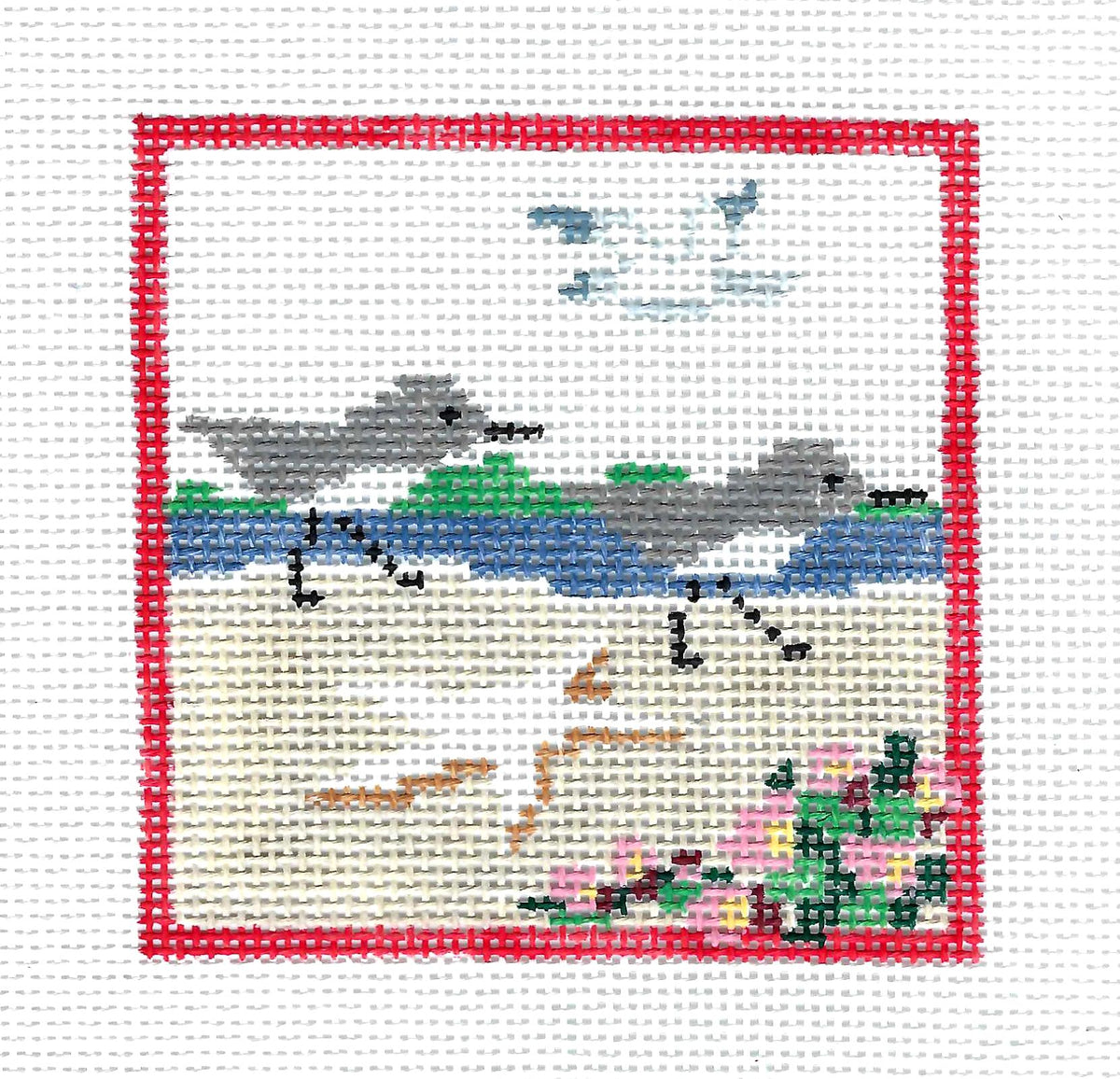Canvas ~ 2 Sandpipers on the Beach handpainted 13 Mesh Needlepoint Canvas 4" Square by Kathy Schenkel