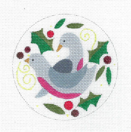 12 Days of Christmas "2 TURTLE DOVES"  4" Round handpainted Needlepoint Canvas by Raymond Crawford